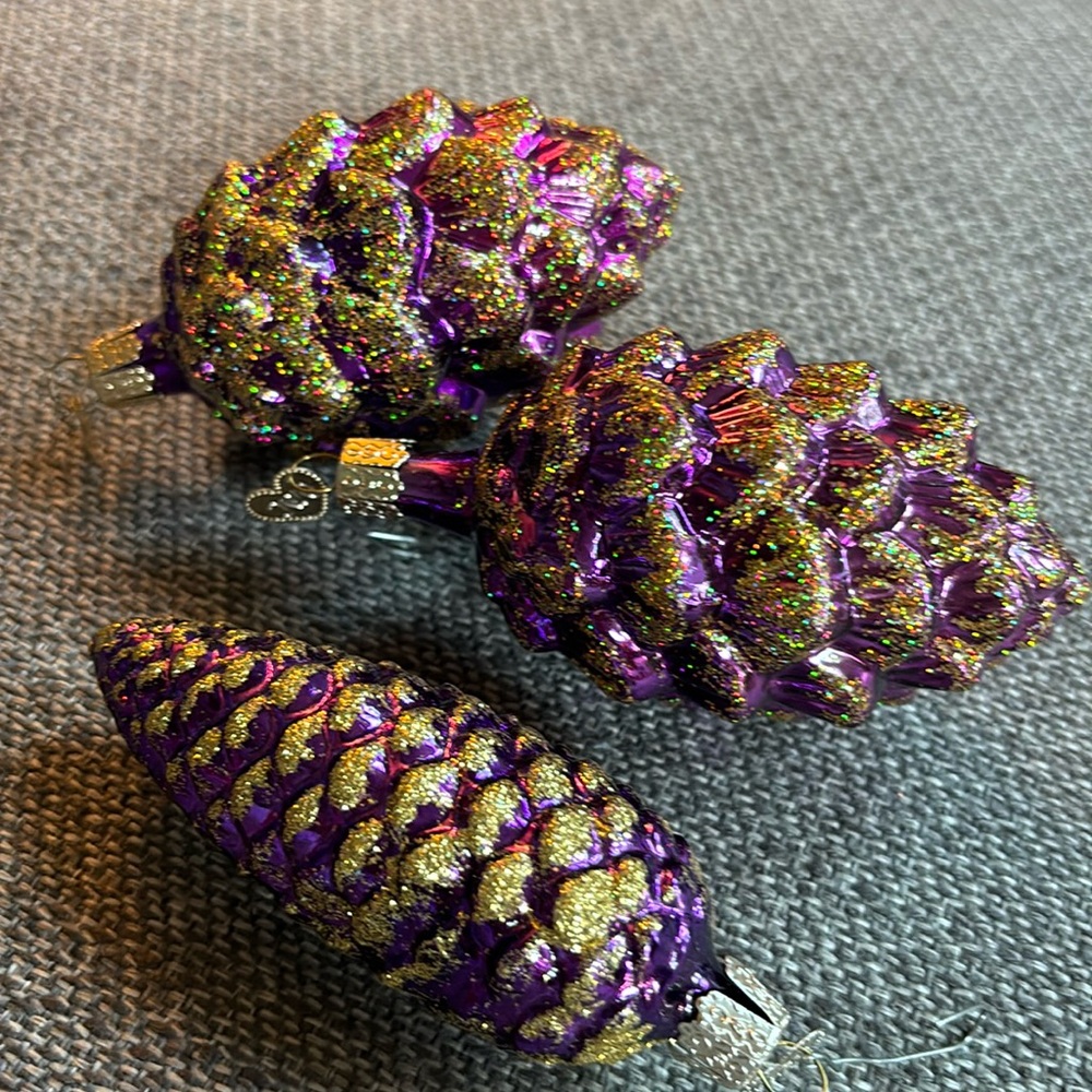 Vintage set of 3 Old World Christmas purple gold glitter pinecone ornaments